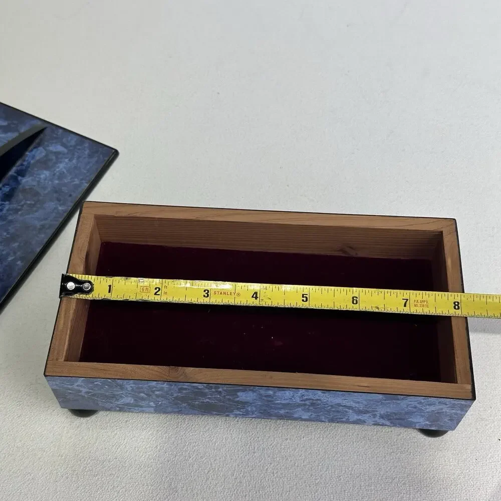 Modern Times Blue Marbled Wooden Keepsake Jewelry Box Velvet Lined With Feet